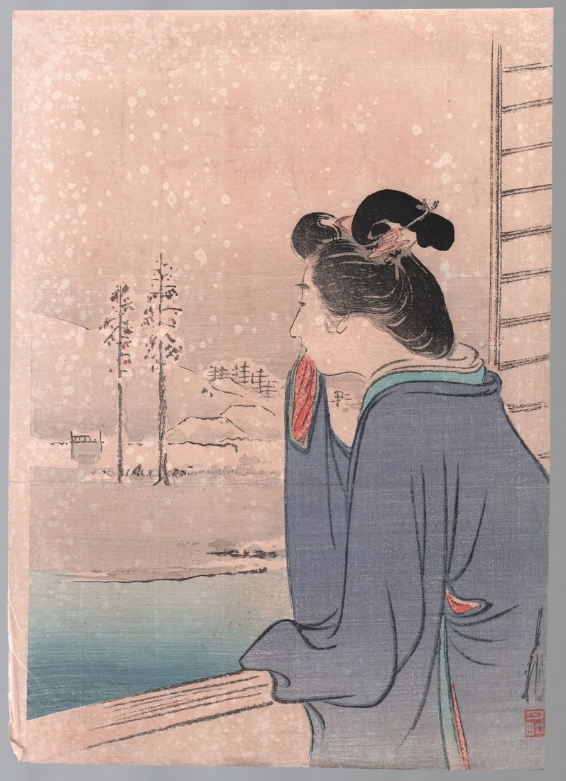 Gekko Woodblock: Kuchie, Woman, Snow c1900 NR (1 of 2)