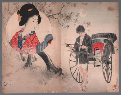 Toshikata Woodblock: Kuchi-e, Girl and Rikshaw1900 NR: Japanese woodblock print. Artist: Mizuno Toshikata. Subject: Girl and Rikshaw. Date: c1900. Size: Kuchi-e design measures 8.5&rdquo; x 10.75". Condition: Very good color and impression. Some staining