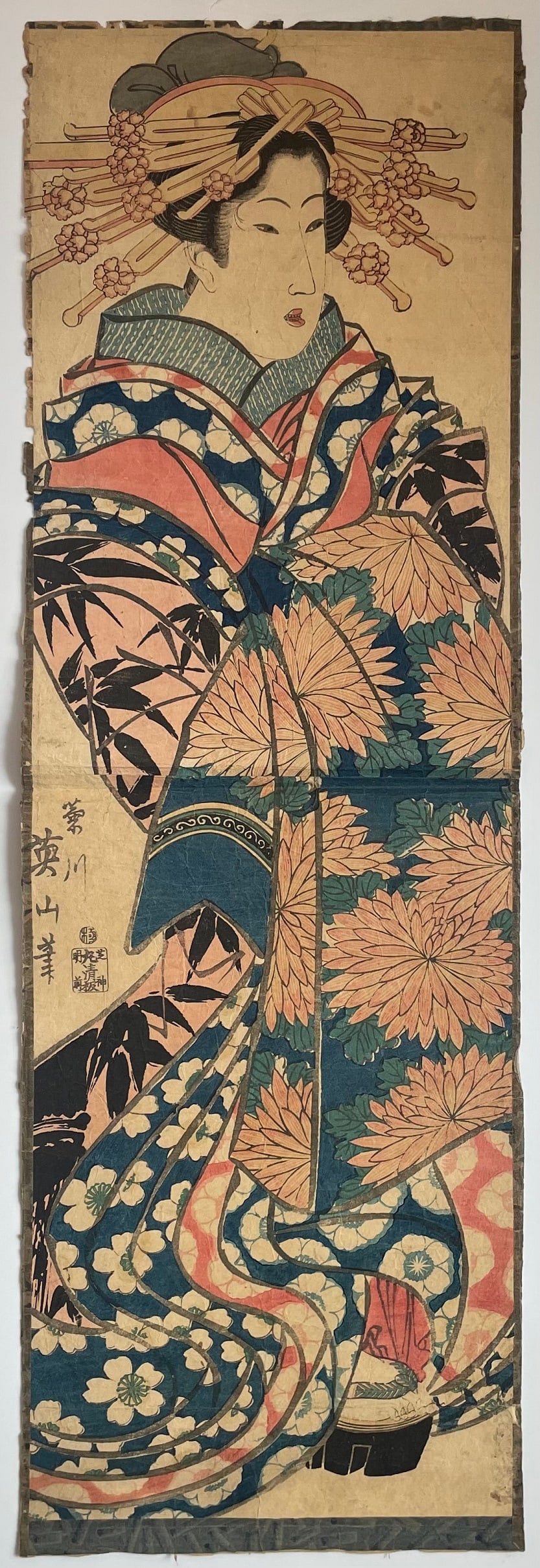 Eizan Woodblock Print: Kakemono Courtesan NR c1830 (1 of 2)