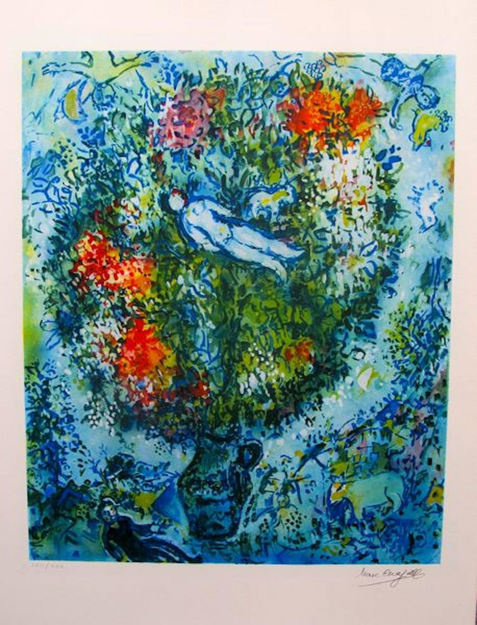 MARC CHAGALL - NUDE FLOATING IN A VASE Facsimile Signed: This is a Marc Chagall lithograph titled Ã±Nude Floating in a Vase of FlowersÃ®. This subject is facsimile signed This lithograph is pencil numbered from a limited edition of CCC (Roman Numeral fo