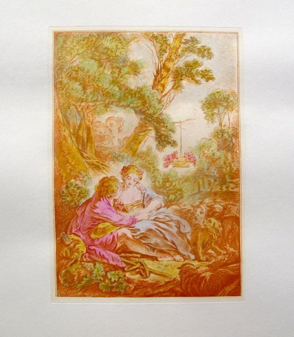 FRANCOIS BOUCHER - OCTOBER, hand-coloured etching: Image measures 10.5 x 7.5. Etching with border measures 19 x 15. Published on arches paper in 1982. Comes with a gallery certificate of authenticity. This piece is in excellent condition, and has neve