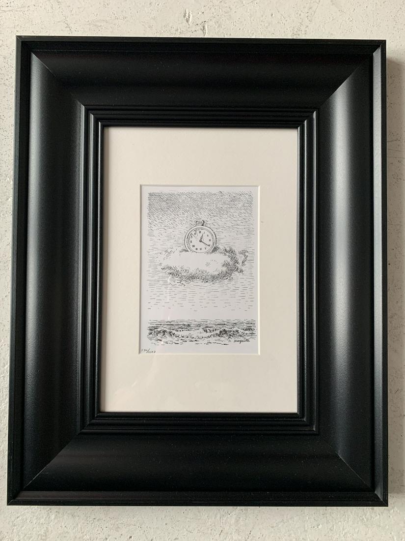 RENE MAGRITTE - Clock, 1966 Lithograph: Original lithograph on cotton rag paper, 17 x 14cm. Signed in the plate. Publisher: Le Soleil Noir. Suite: Aube a L'Antipode