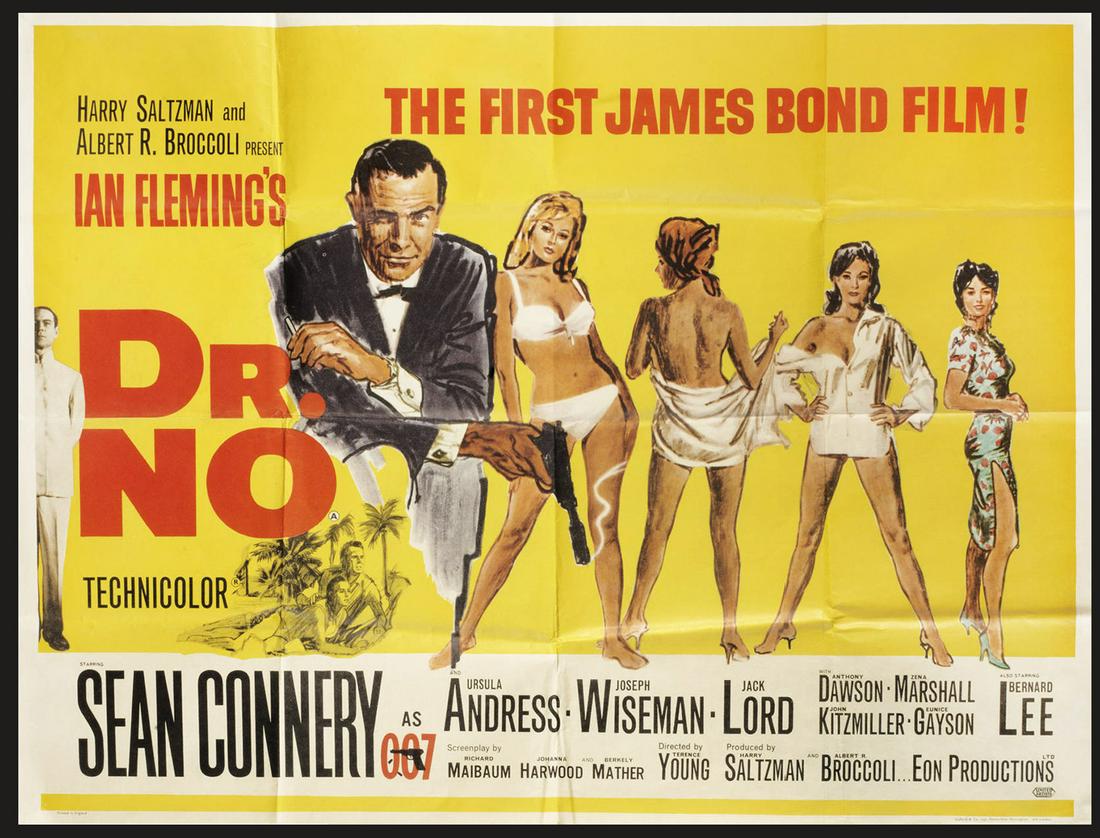 JAMES BOND - DR. NO - Original Printing, vintage: Original poster, approx. 100 width. UK Quad format. rare release Good condition. Sloth creasing to corner, centreline fold. Unframed