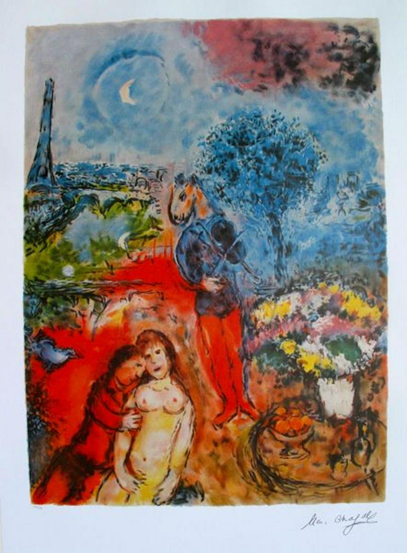 MARC CHAGALL - EIFFEL TOWER SERENADE Limited Edition: This lithograph is pencil signed and numbered from a limited edition of 500. Image measures 23" x 15". Printed on thick high quality arches paper.Comes with a certificate.