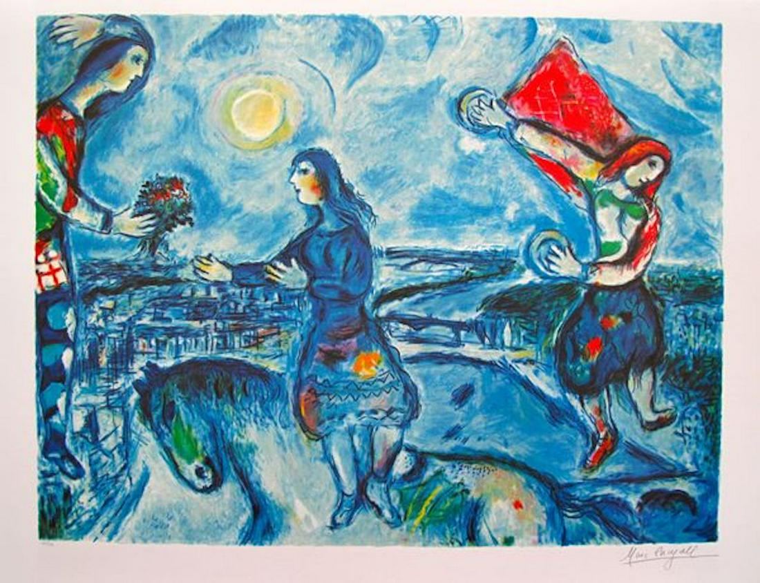 Marc Chagall LOVERS OVER PARIS Limited Edition: This lithograph is pencil signed and numbered from a limited edition of 500. Image measures 23" x 15". Printed on thick high quality arches paper.Comes with a certificate.
