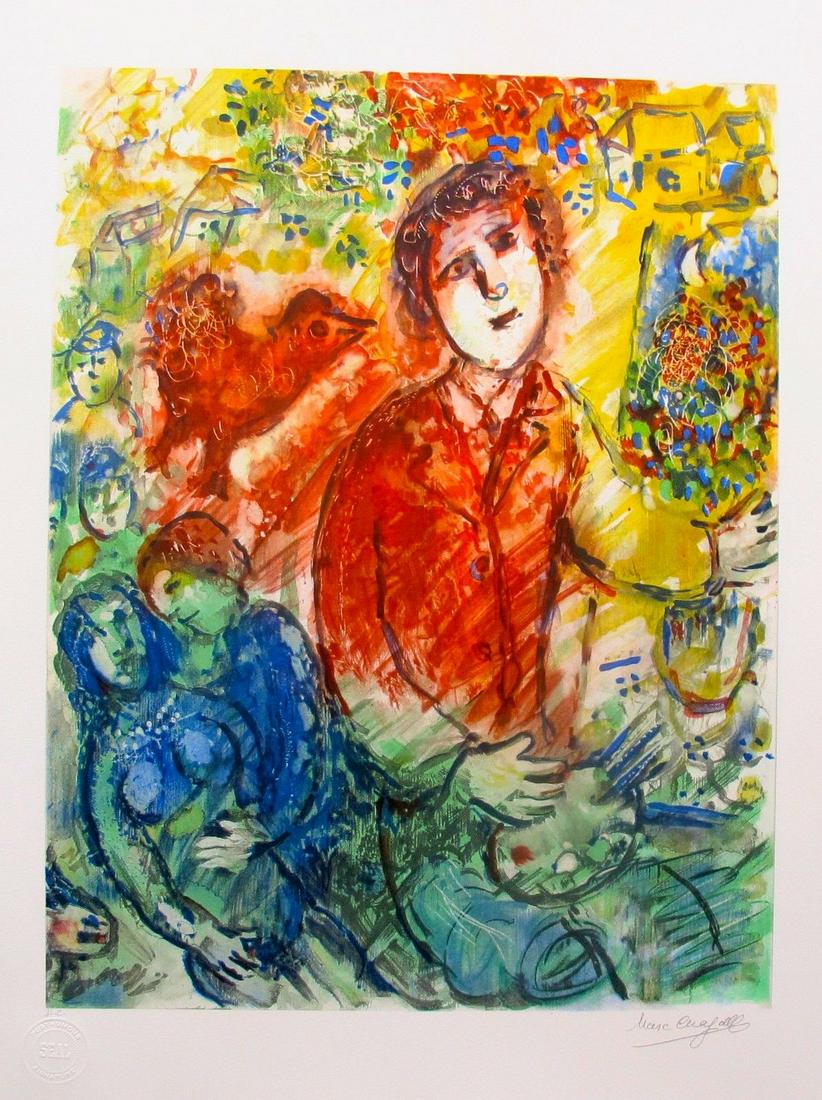 MARC CHAGALL ARTIST AND LOVERS Facsimile Signed Limited: This is a signed Marc Chagall lithograph titled Artist and Loverspencil numbered from a limited edition of CCC (Roman Numeral for 300). Image measures 23-1/2 x 18in. Paper with border measures 29-1/2 