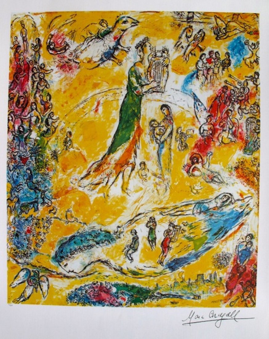 Marc Chagall SORCERER OF MUSIC Limited Edition Signed: This is a signed Marc Chagall Limited edition lithograph titled ]SORCERER OF MUSICpencil numbered from a limited edition of 500. Image measures 23.5 x 20in. Paper with border measures 30 x 22in. Print