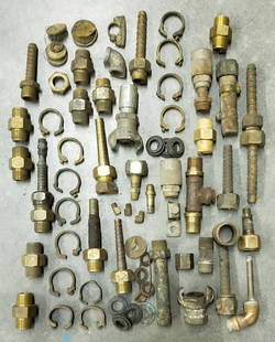 Vintage Brass Diving Hose Fittings - DESCO & Morse: Lot of 56 individual brass & some steel air hose fittings and clamps. Some of the fittings are stamped DESCO, Morse Diving Equipment and Marine Equipment Company. Most fittings appear to be have been
