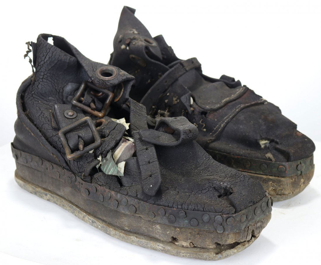 Deep Sea Divers Boots / Sandals - Very Early Leather: Pair of very early divers sandals or boots. This pair retains the original leather body with wood sole and lead bottom. Leather is stiff and cracked, but intact. Rare to find boots of this vintage.