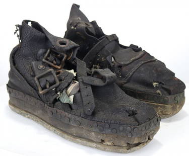 Deep Sea Divers Boots / Sandals - Very Early Leather: Pair of very early divers sandals or boots. This pair retains the original leather body with wood sole and lead bottom. Leather is stiff and cracked, but intact. Rare to find boots of this vintage.