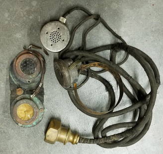 Antique Divers Helmet Speaker & Communications Line: Very old communications line. The lot includes a brass speaker box fitting, top side speaker and receiver and a helmet speaker and receiver. Very difficult to find parts.