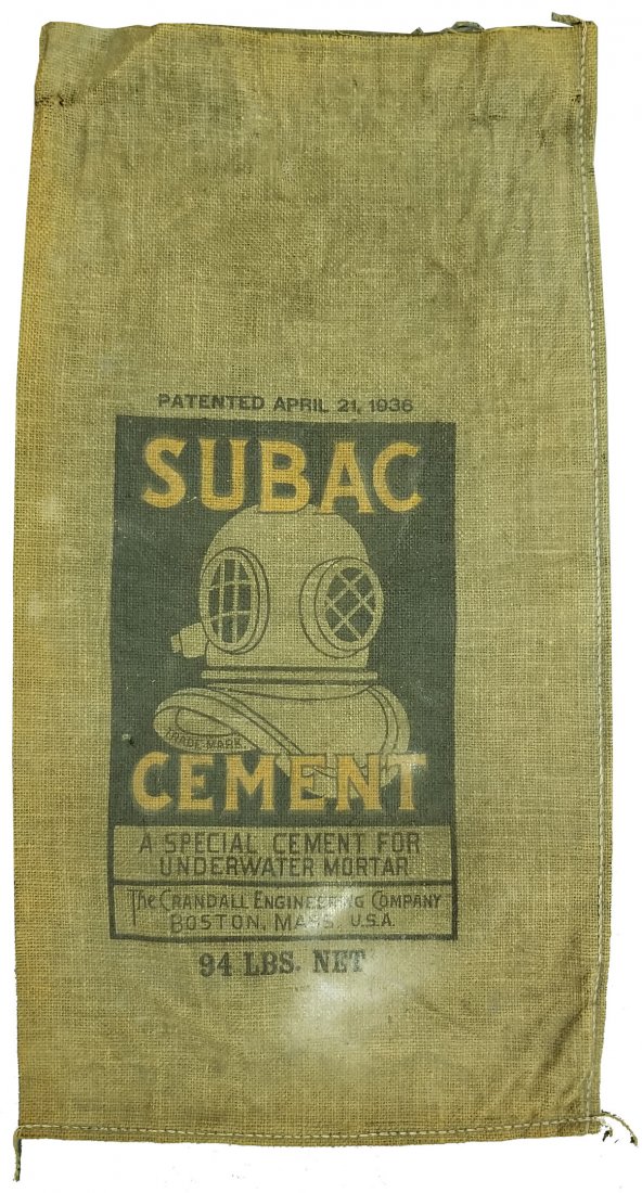 1930s Subac Cement Burlap Bag w/ Morse Diving Helmet: Original burlap bag measuring 17" wide and 32" tall circa 1930's. Very rare, as few bags were ever saved by divers. Subac was a cement material that could be worked with underwater and would then dry.
