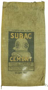 1930s Subac Cement Burlap Bag w/ Morse Diving Helmet: Original burlap bag measuring 17" wide and 32" tall circa 1930's. Very rare, as few bags were ever saved by divers. Subac was a cement material that could be worked with underwater and would then