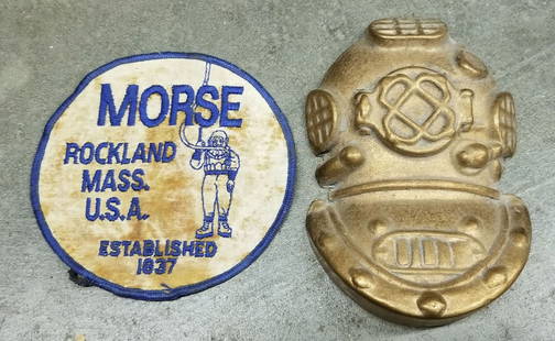 Brass Mark V Helmet Plaque & Morse Diving Patch: This lot consists of 1 brass Mark V helmet casting plaque. The plaque measures 6\\\" tall and 4-1/4\\\" wide. The vintage cloth patch measures almost 5\\\" round. Both pieces were found in a divers