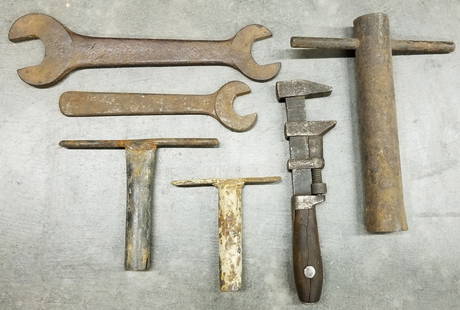 6 Different Diving Helmet & Air Hose Fitting Wrenches: This grouping of wrenches were found in a divers tool box years ago. There are 3 Tee wrenches used for the removal and install of diving helmet wing nuts. There is a very old adjustable wrench and 2