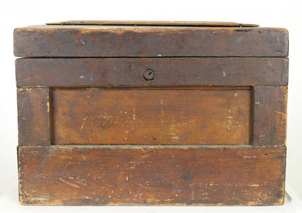 Small Antique Wood Divers Tool Box: Very old wood box with hinged lid. Original lock intact, no key. Box measures 17" wide, 11-1/4" deep and 11" tall. Was used by a dive company during the Great Depression and throughout the 1940s and