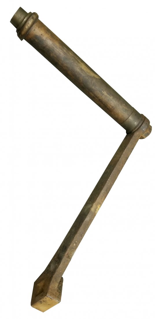 Heinke or Siebe Gorman Divers Air Pump Handle: Very difficult to find divers air pump handle for a Heinke or Siebe Gorman unit. The shaft is made of cast iron with a wood rotating handle. Brass hardware securing the wood handle intact. The handle 