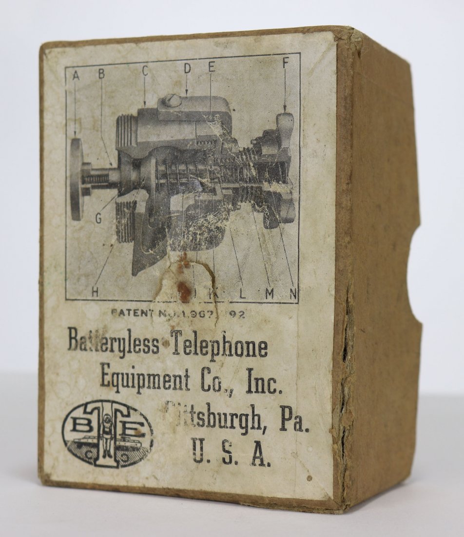 US Navy Mark V BTE Exhaust - New Old Stock In Box: Rare find - Batteryless Telephone Equipment Co exhaust valve and components in the original box. This part was predominately used on the Mark V helmet, but can be found on other models as well. Circa 