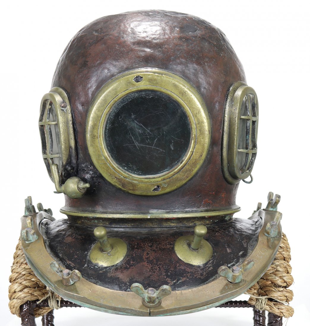 Japanese Nippon Sensui Abalone Diving Helmet Dated 1939: One of the most dangerous jobs in the world is abalone diving. Practiced for centuries in Japan, abalone divers in the 19th & 20th Centuries utilized a specialized diving helmet, offer there. The Nipp