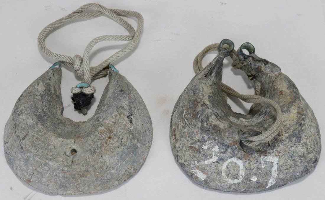 Japanese Nippon Sensui Divers Front & Back Lead Weights: This is a pair of lead diving weights that were found with the Japanese Nippon Sensui diving helmet, also included in this auction, Lot #80. These weights are a style that was worn on the front and ba