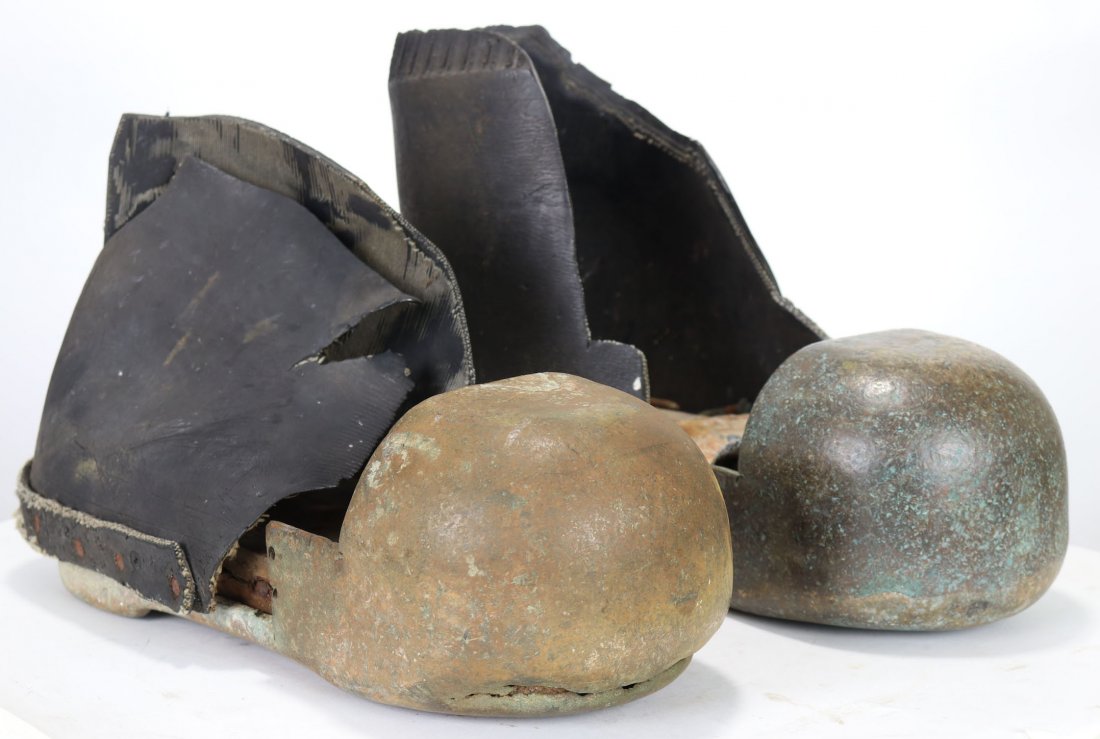 Very Old Japanese Abalone Diving Boots w/ Brass Toes: This is a pair of diving boots that were found with the Japanese Nippon Sensui diving helmet, also included in this auction, Lot #80. These vintage boots feature a brass toe and bottom with wood soles