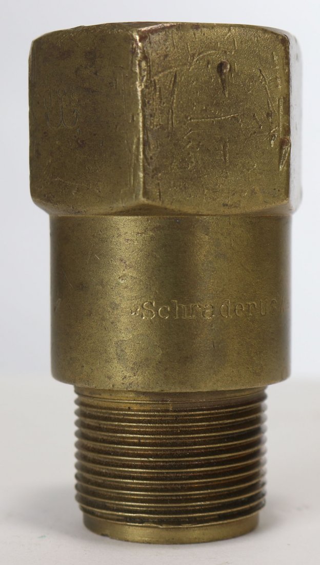 A Schrader's & Son US Navy Mark Non-Return Valve: Very nice original non-return valve from World War 2. This valve was commonly used on the Mark V diving helmet. This valve was made by Schrader and does feature a US Navy inspection stamp. This stamp 