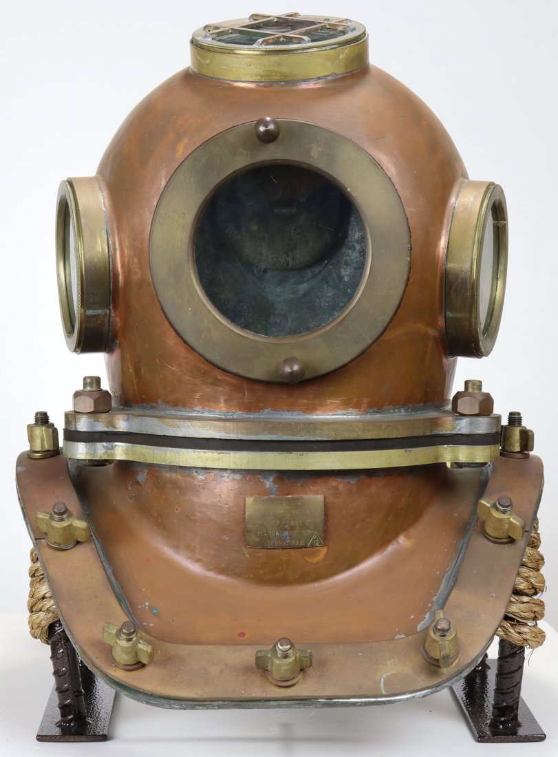 Rare Soviet 3 Bolt 12 Bolt Leningrad Diving Helmet: Direct from behind the Iron Curtain is this seldom seen style of Soviet diving helmet called a 3 bolt / 12 bolt model. Before the fall of the Soviet Union these helmets scarcely ever entered the colle