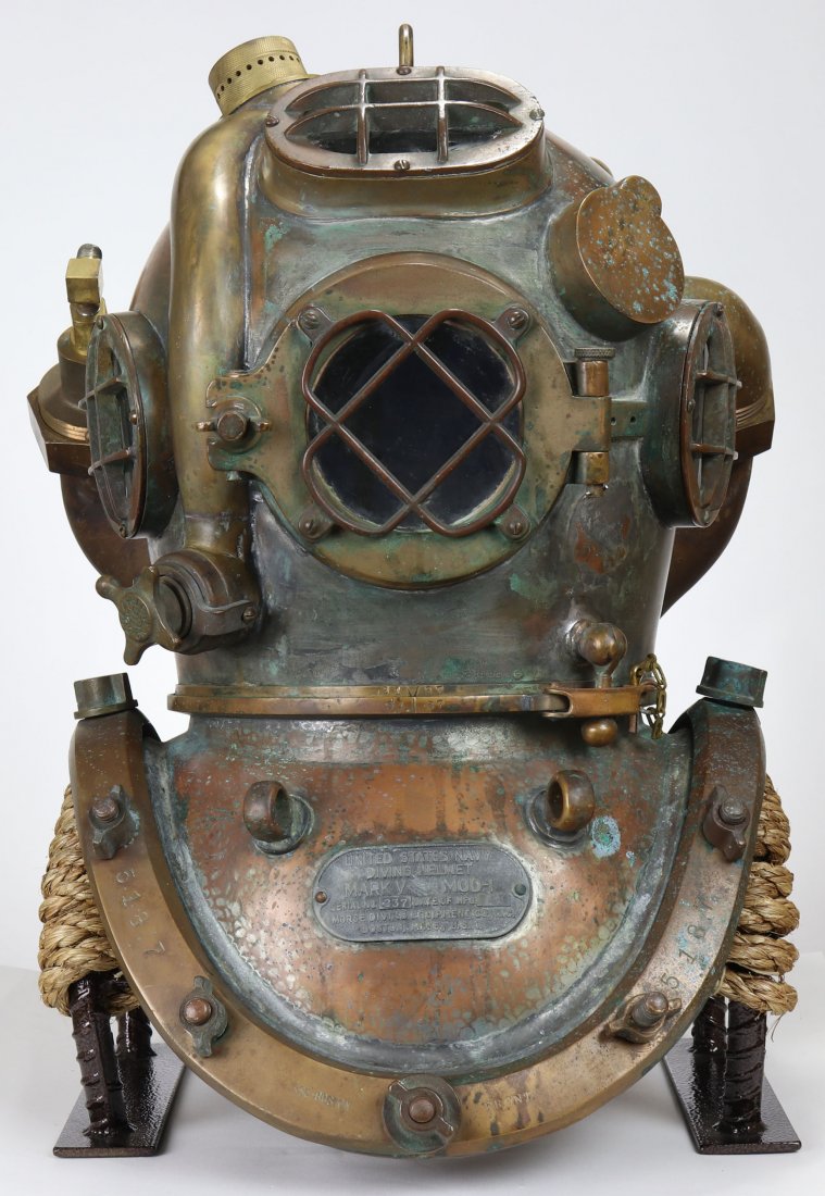 1944 US Navy Mark V Helium Mixed Gas Diving Helmet: By far the most requested and popular diving helmet in the United States is the US Navy Mark V. There were only four companies that made the famed model starting in 1916. One of the original two compa