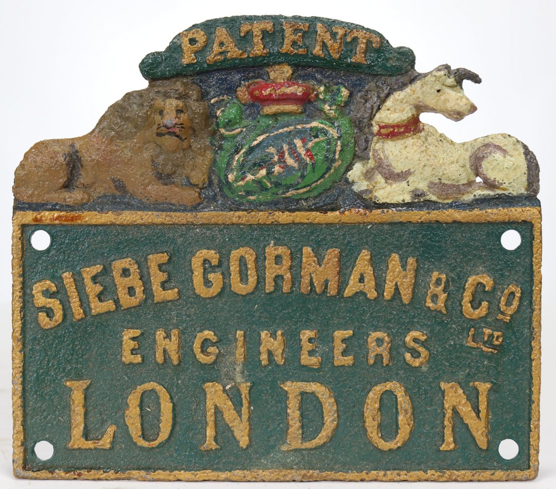 Siebe Gorman Pump or Equipment Box Plaque Painted: Very impressive Siebe Gorman cast plaque. This piece measures 6-1/4" tall and 7-1/8" wide. The plaque has been painted many years ago. Great display piece.
