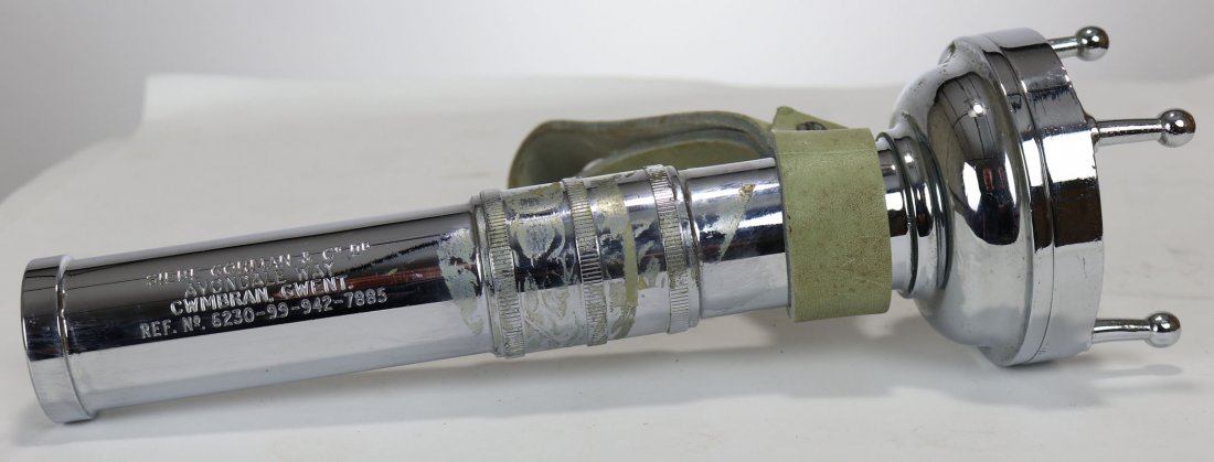 Siebe Gorman Underwater Divers Flashlight: Fantastic look Siebe Gorman underwater divers flashlight. Case is engraved Siebe Gorman & Co Ltd; Avondale Way; Cwmbran, Gwent. Light measures 11" long and is in very good condition. Leather strap is 