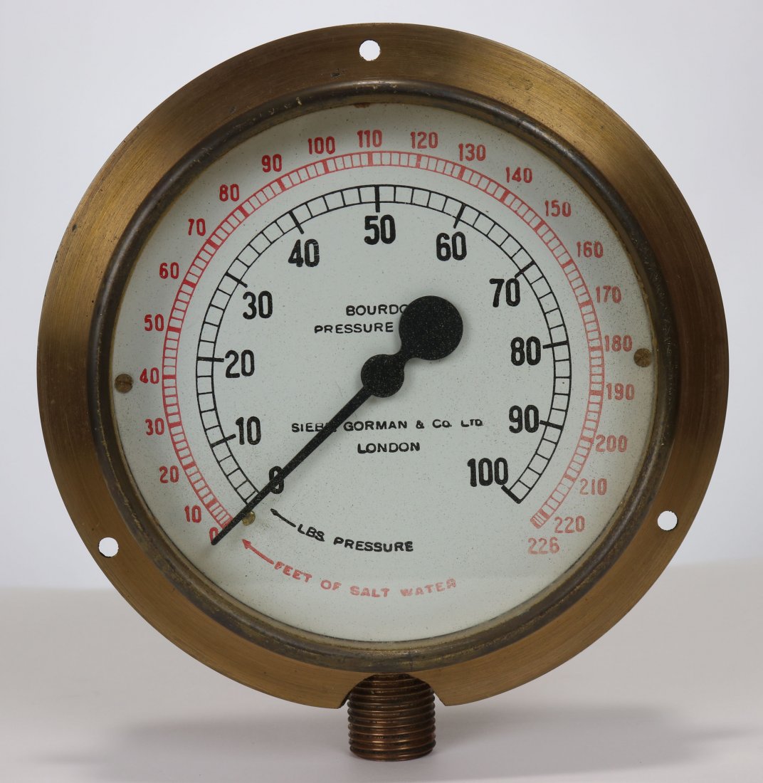 Antique Siebe Gorman & Co Divers Air Pump Gauge: Fantastic are pressure gauge used on a divers air pump. This piece measures 6-1/2" in diameter. Face is clear with red and black colors still vibrant.