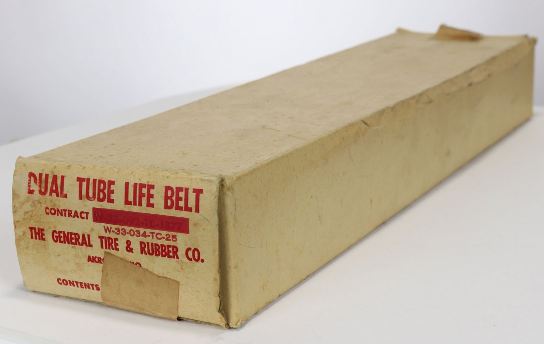 WWII Dual Tube Life Belt Geneal Tire & Rubber - D-Day: This is a rare new old stock dual tube life belt in the original box! Made by General Tire & Rubber Co in Akron, Ohio during World War 2. These belts have a footnote in history as being used by troops