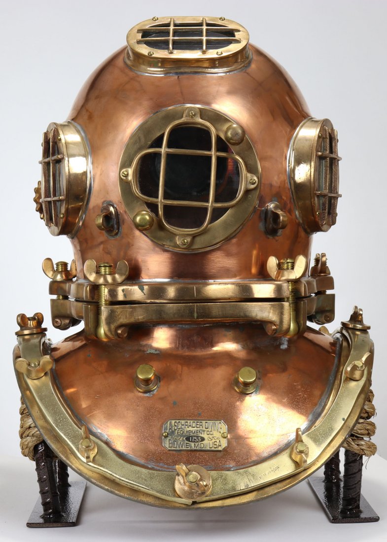 A Schrader Diving 5 Bolt 4 Light Diving Helmet Like New: This helmet was made by the A. Schrader Diving Equipment Company located in Bowie, Maryland. This company was the successor of the iconic A. Schrader’s Son Company that made diving equipment in the 