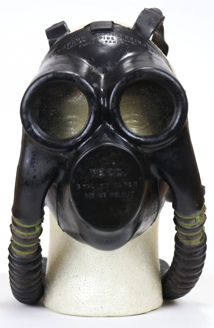 TECO Rubber Shallow Water Diving Helmet Mask WW2: Made by Thompson Engineering Company during World War 2. This type of shallow water helmet TECO mask was used in place of traditional shallow water copper & brass helmets. A mask like this was obvious