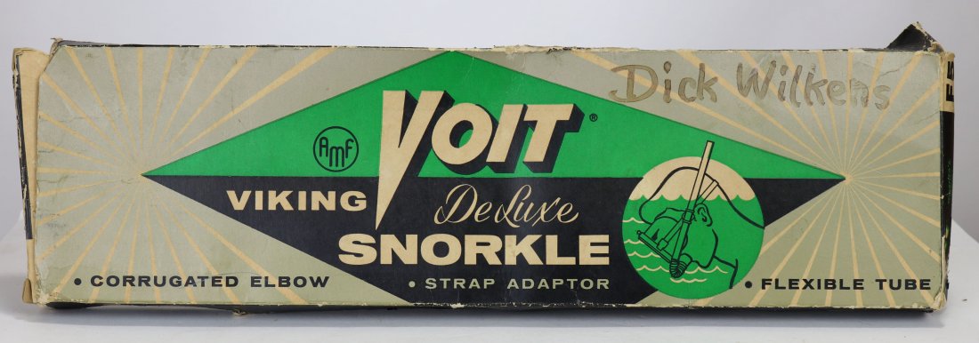 Voit Viking DeLuxe Snorkle – New Old Stock In Box!: Very neat vintage Voit snorkle! This is a Viking DeLuxe that is still in the original box! The snorkle itself is in excellent condition. The original owner did print his name on the box and on the sno