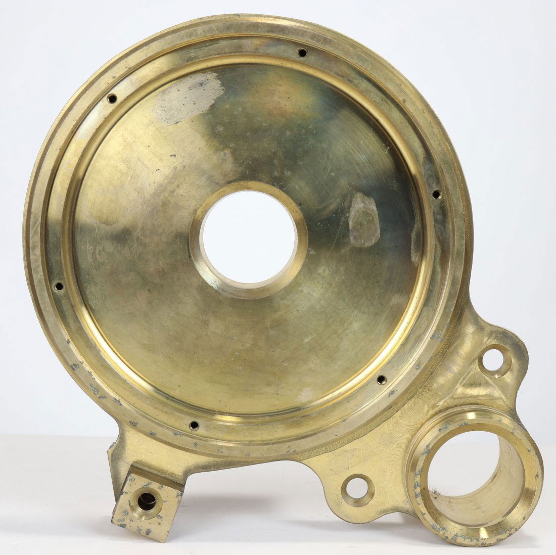 Morse Diving Equipment Co Military Brass Tank Component: This is a solid brass machined out air tank part. Cast into the part is Morse Diving Equipment Co.; MIL-B-24480 Ships; 4758805. Part is approximately 7” round with the pipe fittings measuring 2.5”