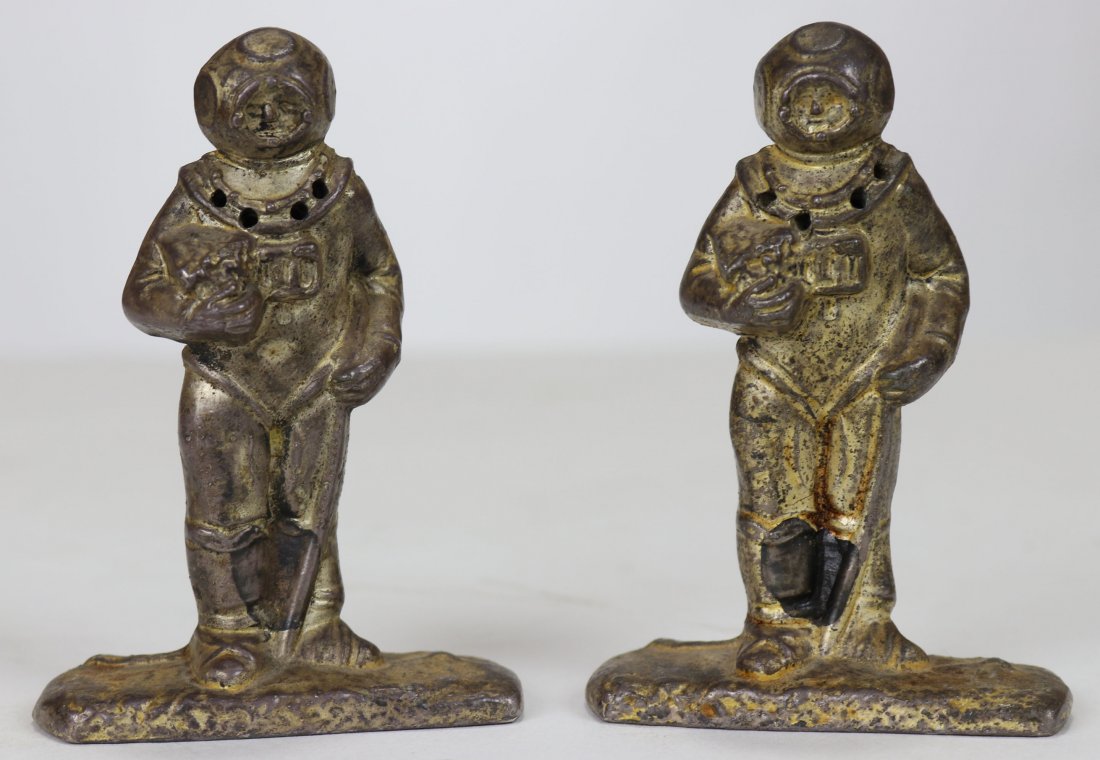 Antique Divers Salt / Pepper Shakers - Wonderful Detail: Fantastic pair of diver salt and pepper shakers! Each is metal and exhibits a wonderful patina. They measure 3.25 inches tall and the base of each is 2.25 inches wide. Age unknown but they are very ol