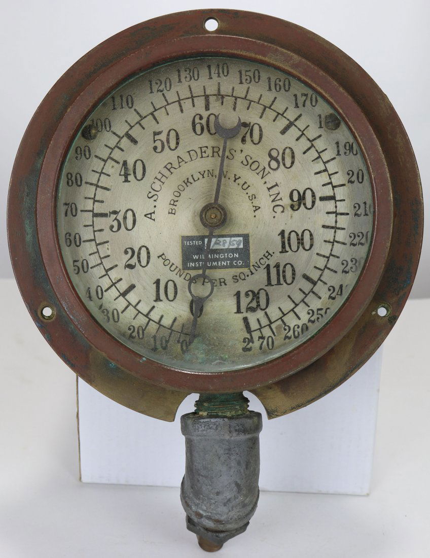 A. Schraders Son Inc Brooklyn, NY Air Pump Gauge: These antique divers air pump gauges are pieces of art in themselves. This example was made by A. Schraders Son Inc. It is in beautiful original condition. The brass case measures 6-3/16 inches around
