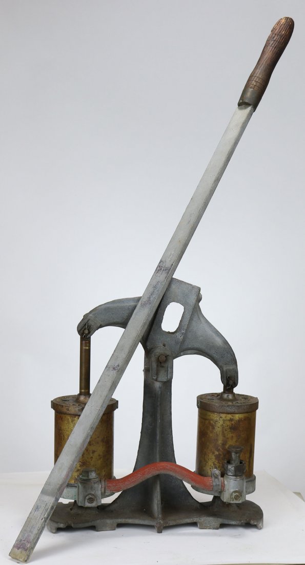 WWII Era Miller Dunn 2 Cylinder Air Pump w/ Handle: Almost all Miller Dunn shallow water diving helmets were equipped with one of these air pumps. During the 19th Century this type of pump was used to test water pressure in cast iron pumps by plumbers.