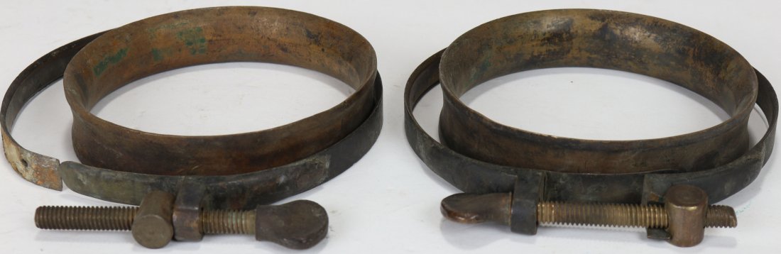 Pair of Stamped A.J. Morse & Son Wrist Ring & Clamps: Pair of seldom seen rings and clamps made by A.J. Morse & Son Company. These were used to attach gloves or mittens to the divers dress. Both sets are brass with the clamps stamped by Morse. One clamp 