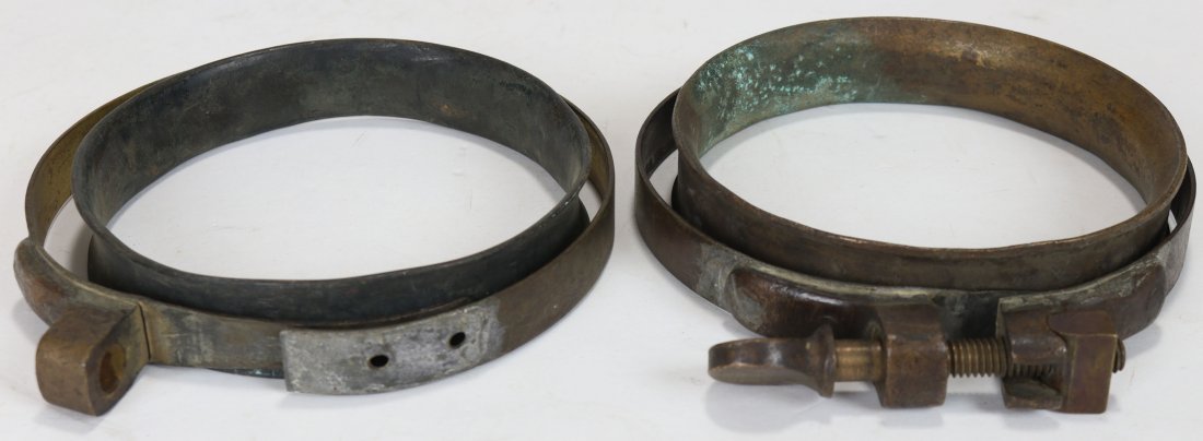 Pair of Stamped A. Schraders Son Wrist Ring & Clamps: Pair of seldom seen rings and clamps made by A. Schraders Son Inc. These were used to attach gloves or mittens to the divers dress. Both sets are brass with the clamps stamped by Schrader. One clamp i