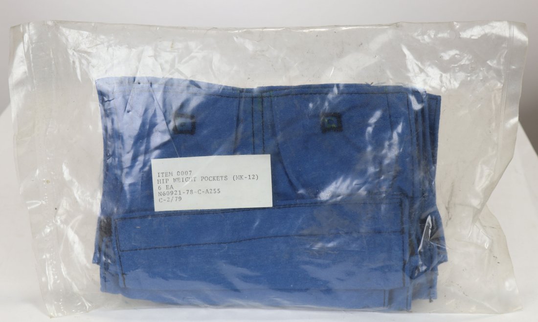 6 US Navy Mark 12 Diving Suit Hip Weight Pockets NOS: New old stock package of Hip Weight Pockets for a Mark 12 dive suit. This is a sealed package of 6 new pockets from 1979. All items will be shipped with a signature required upon delivery and full ins