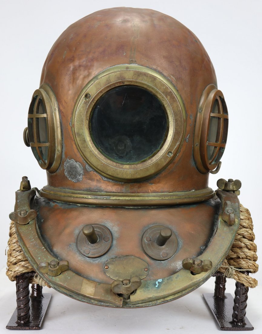 Nippon Sensui 12 Bolt 3 Light Japanese Diving Helmet: Rarely seen classic 3 light 12 bolt helmet made in Japan by the Nippon Sensui Company. This authentic helmet was part of the inventory of the HJ Merrihue Diving Company out of New Orleans, Louisiana. 