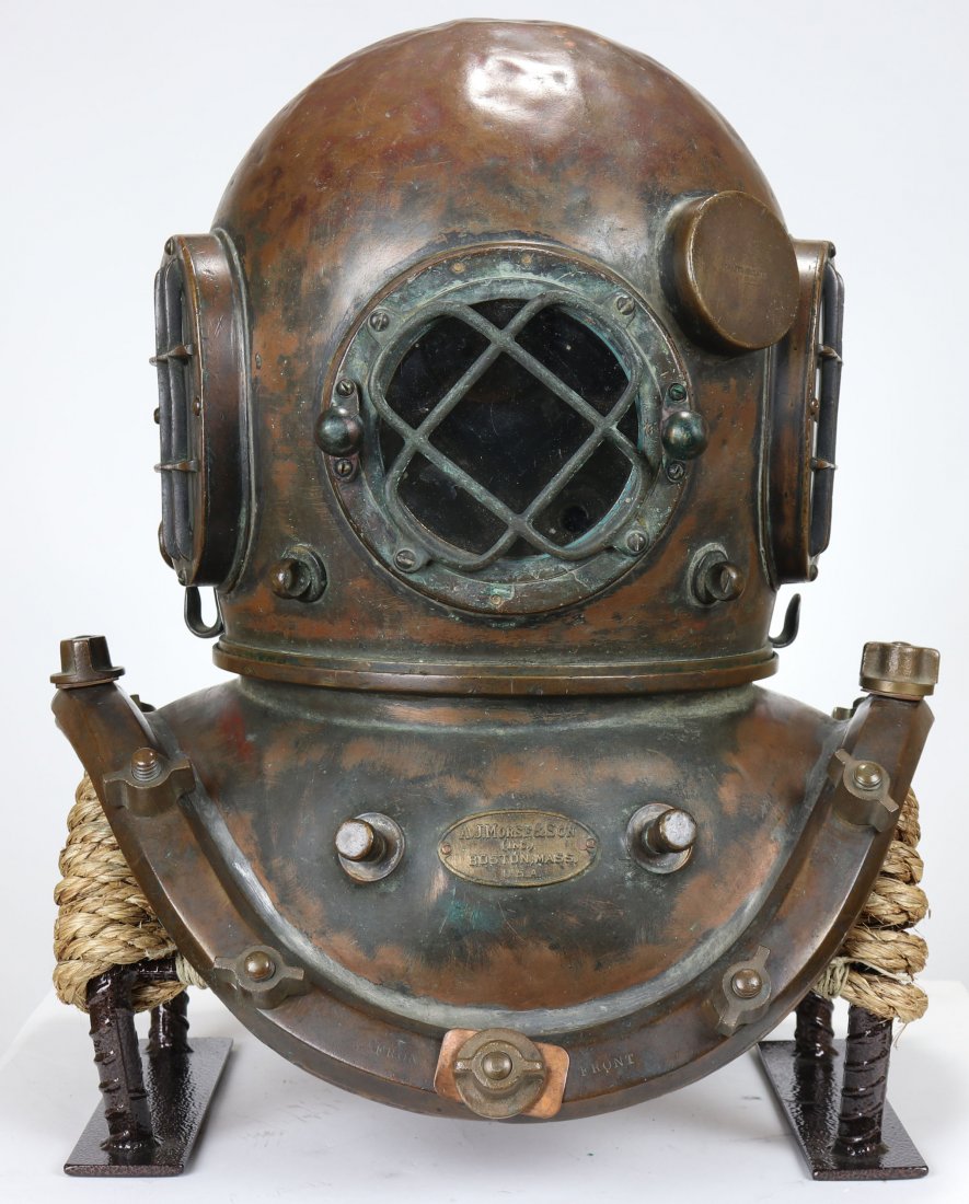 AJ Morse 3 Light 12 Bolt Antique Diving Helmet 1900: Classic example of an early 1900s A.J. Morse of Boston diving helmet. As can be seen in the photos, the helmet has a fantastic patina and is in very good original condition. This helmet style was Mors