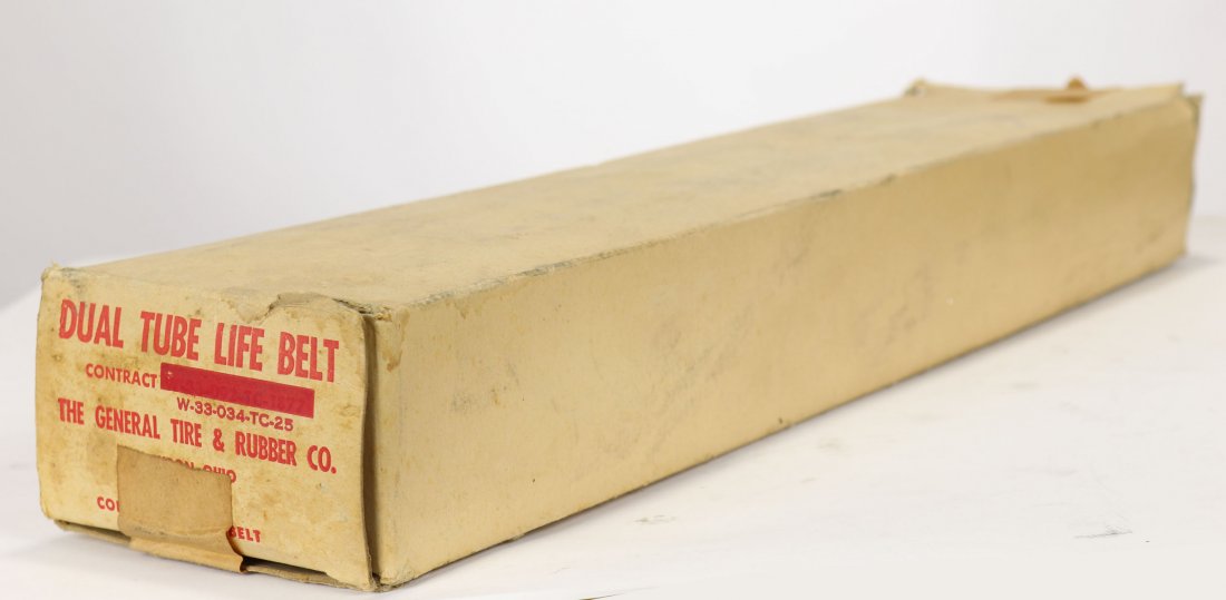 WWII Dual Tube Life Belt General Tire & Rubber - D-Day: This is a rare new old stock dual tube life belt in the original box! Made by General Tire & Rubber Co in Akron, Ohio during World War 2. These belts have a footnote in history as being used by troops