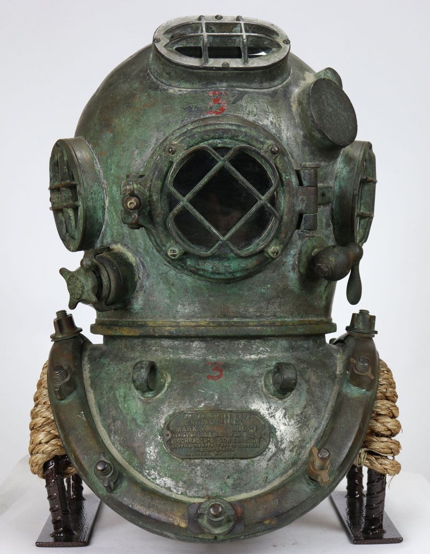 1943 Schrader US Navy Mark V Diving Helmet - Navy Stamp: Arguably the most popular and iconic diving helmet ever made is the US Navy Mark V. Finding one that was used during World War 2 and then put away, retaining the same condition & look, is a rare treat
