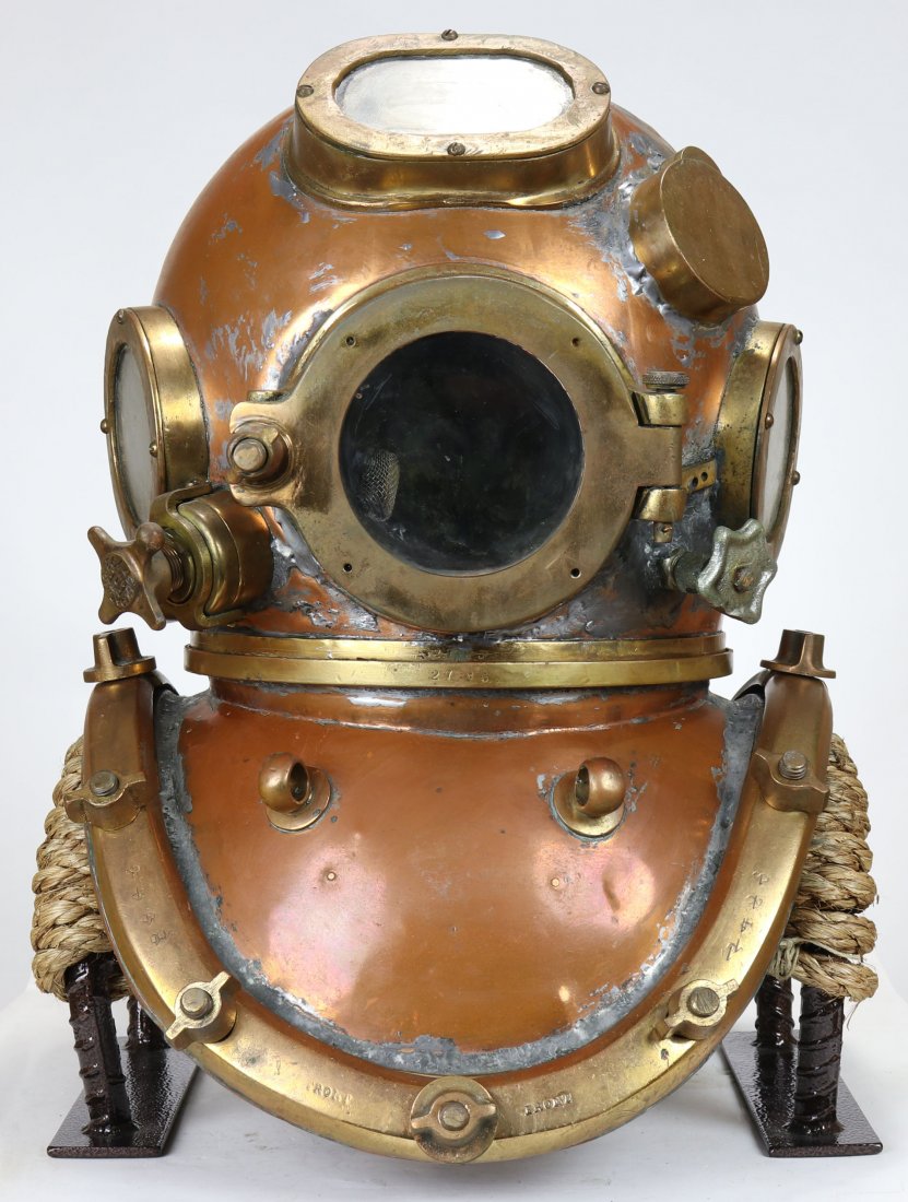Modified AJ Morse Mark V Diving Helmet Circa 1918: Very interesting modified US Navy Mark V diving helmet made by the A.J. Morse Company in Boston, MA. This authentic helmet was part of the inventory of the HJ Merrihue Diving Company out of New Orlean