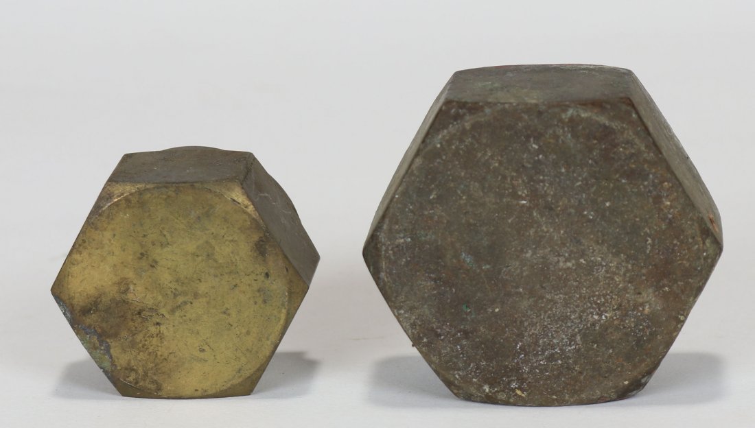 US Navy Mark V Diving Helmet Air & Comms Brass Caps: Original set of brass caps that thread onto the air fitting and communications fitting of a Mark V diving helmet. In many cases these caps are missing. Smaller cap will also thread onto the end of a n