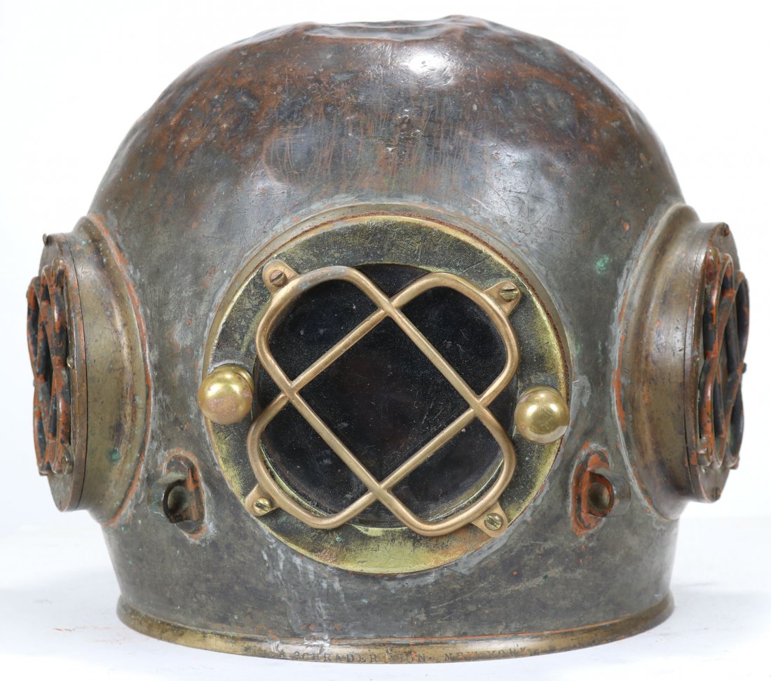 1880s to 1890s A. Schrader Son Diving Helmet Bonnet: Incredible 19th Century diving helmet bonnet made by the A. Schrader Son Company in New York. We were able to date the helmet by the style of company stamping on the neck ring, which was used from 188