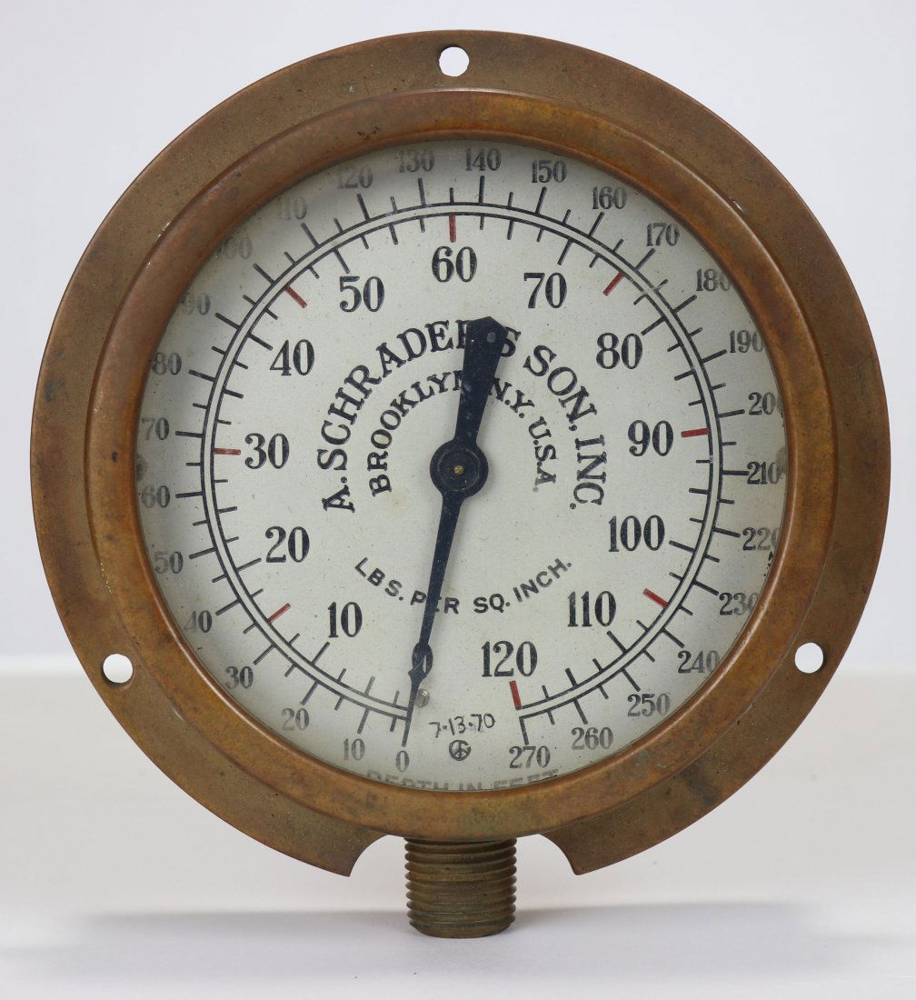 A. Schraders Son Divers Air Pump Gauge - Brooklyn: These antique divers air pump gauges are pieces of art in themselves. This example was made by A. Schraders Son Inc. It is in beautiful original condition. The brass case measures 6-3/16 inches around